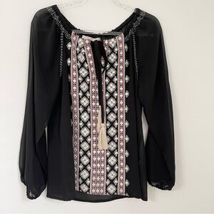 Boston Proper Long Sleeve Sheer Embroidered Black Blouse. Size S